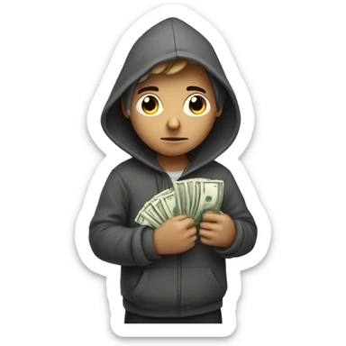 focused boy in hooded solitude with money in hand sticker