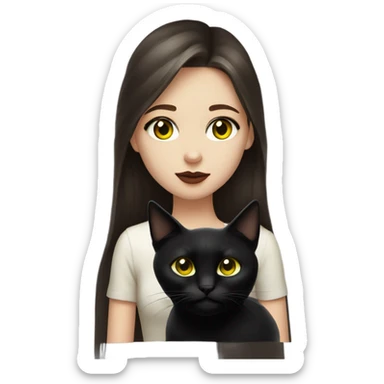 A teenage girl with white skin, she have some green hazel eyes, red lipstick, long straight dark brown hair, she have an eyeliner and she is holding a black cat that have some yellow eyes , view from close sticker