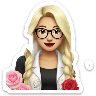 Asian girl, smiling with teeth and dimples on the cheeks, fair skin, black long hair, black eyes, black glasses with gold frames, red lipstick, wearing a white lace tank top and a black office jacket on top, with pink and red roses around her. sticker