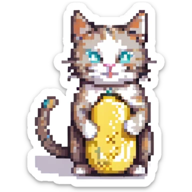 goofy cat with a banana body, pixel art style sticker