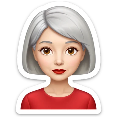 Elegant senior woman with silver-gray bob haircut, light skin, almond-shaped hazel eyes, red lipstick, wearing a red blouse, sophisticated expression sticker