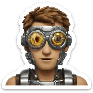 male cyborg head with brown short hair, brown beard, silver steampunk goggles and circuits sticker