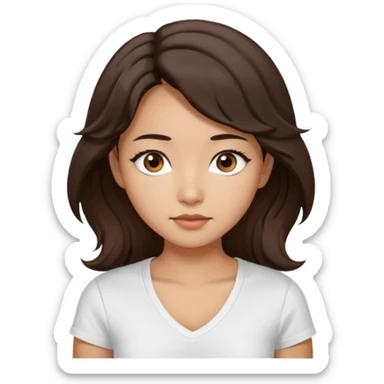 iOS style emoji. A girl with very long dark brown wavy hair. And the eyes color is dark brown. And she is wearing white t shirt with V kneck. And she is 30. She is Asian with double eyelids  sticker