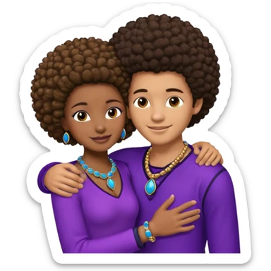 Tan male with short straight, light,brown hair, smiling and hugging a darkblack African girl with Afro in purple clothes with blue jewelry sticker