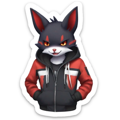 Dark Unique Anthro Cool Kawaii Horned Bat-Winged Zangoose-Litten-Pokémon with edgy stripes Punk Hoodie Cargo Collar sticker
