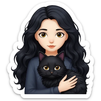 a girl with long wavy black hair and black furry cat sticker