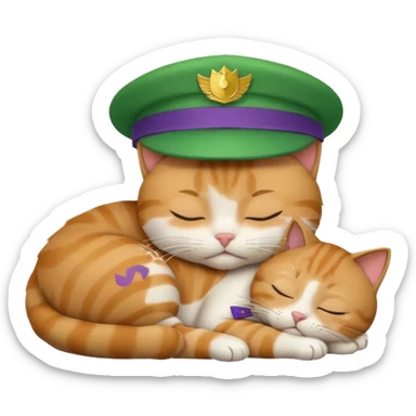 emoji of sleeping cat, its pose is lying, it has on his head FedEx uniform cap, green color sticker