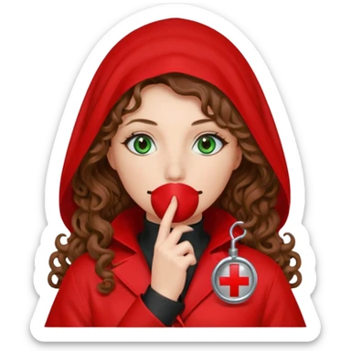 Lilith symbol sexy evil woman. She has green eyes.  had brown long curly hair.  evil surgeon kills with scalpel wears red sexy doctor coat with red mouth cover red gloves. Covers nose, neck  and mouth with Muslim red berka sticker