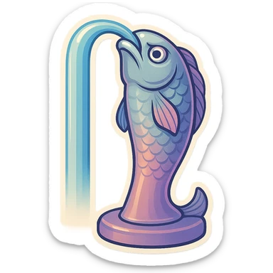 Elongated vertical fountain in the shape of a serious fish with a stream of water flowing from its mouth, detailed drawing with shadows and highlights, thin clean contours, soft rounded shapes, pastel palette #98B5BC, #B5B3C1, #C9A3C9, #E4C0CA, #F7DCD1, #F7C0AA, modern Japanese pop-art style, soft lighting, transparent background, no decoration. sticker
