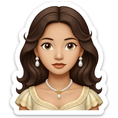 Tan Filipino woman with dark brown eyes and long dark wavy hair parted in the middle wearing a traditional filipiniana and white pearl stud earrings and no other jewelry sticker