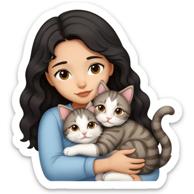 A girl with black wavy hair and light tan skintone, hugging her tabby white cat sticker