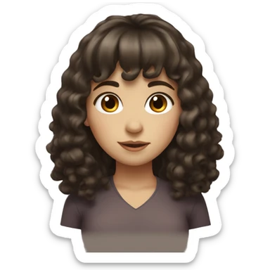 A girl with long dark brown curly hair with white skin tone and brown eyes and full bangs sticker