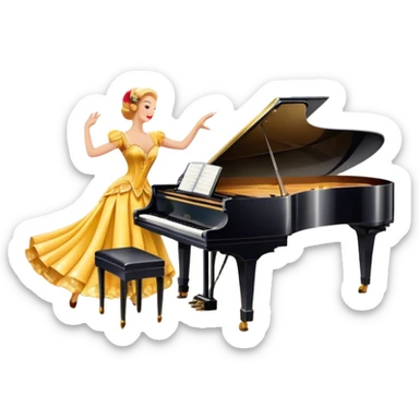 A vintage movie poster-style design featuring musical notes, a shining spotlight, and performers in glamorous costumes. Include elements like a dancing couple, a grand piano, and colorful stage lights. Retro cinematic flair with a lively and joyful atmosphere. Transparent background. sticker