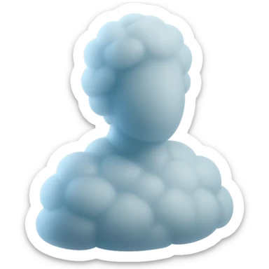 person made entirely of white fluffy convex clouds with a slight blue tint, shoulder up, front view, matte glass style, no background sticker