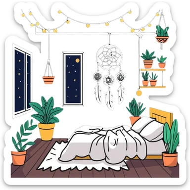 boho bedroom with hanging plants, dreamcatcher, fluffy rug, and string lights sticker