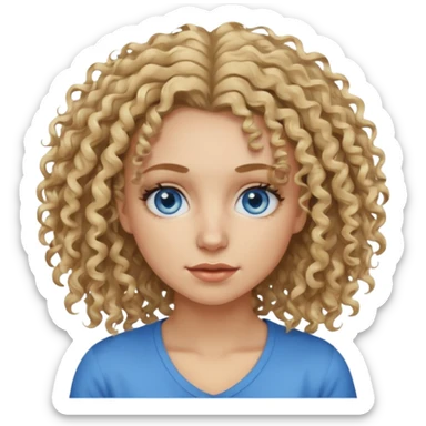 This is a 2D digital anime-style portrait of a female, caucasian, 29 years old light skin. The person has messy dirty blond curly hair, round blue eyes.  sticker