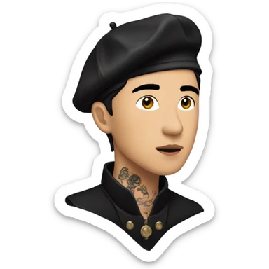 A handsome Asian man with a gothic style, wearing a beret, earrings, and face tattoos. sticker
