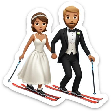 a couple skiing, man with a beard in a tux and woman in a wedding dress on their skiis going down a slope sticker