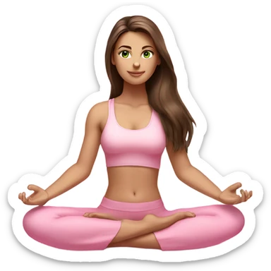 Brunette long hair and green eyes yoga beautiful girl in light pink pink pink clothes sitting on a yoga mat sticker