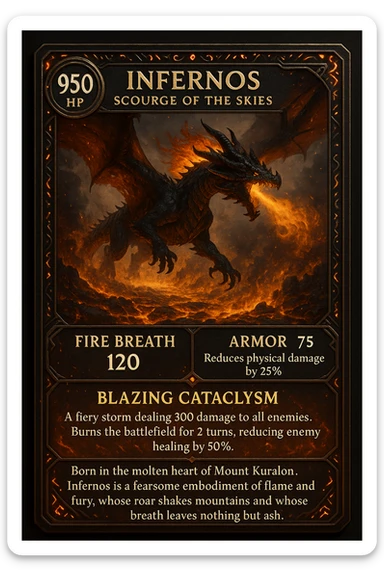 Make an epic role-playing card featuring a legendary fire-breathing dragon named Infernos, Scourge of the Skies. The card should display its stats: 950 HP, 120 fire power, and 75 armor that reduces physical damage by 25%. Highlight its special ability, Blazing Cataclysm—a fiery storm that deals 300 damage to all enemies and burns the battlefield for 2 turns, reducing enemy healing by 50%. The design should be ornate and collectible, with glowing ember accents, ancient dragon runes, and a dramatic illustration of Infernos flying over a scorched battlefield with molten lava and smoke. Add a lore-rich description: “Born in the molten heart of Mount Kuralon, Infernos is a fearsome embodiment of flame and fury, whose roar shakes mountains and whose breath leaves nothing but ash sticker