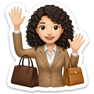 medium deep tan brown business woman with long black curly hair, waving hand with happy face with smile mouth and carrying bag on her shoulder sticker