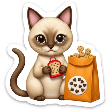 Un chat siamois qui mange des gâterie dans un sac de marque temptations  sticker