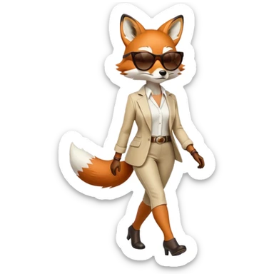 serious anthropomorphised female fox in stylish outfit with sunglasses, walking with confidence, full-body sticker
