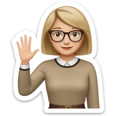 woman dark blonde petite bob haircut wears smaller squared dark  glasses, classic clothes, smiling, waving, a tad older, waving, light colored shirt sticker