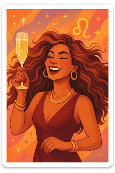 leo woman with flowing hair, wearing gold jewelry, holding a champagne flute, celebratory mood sticker