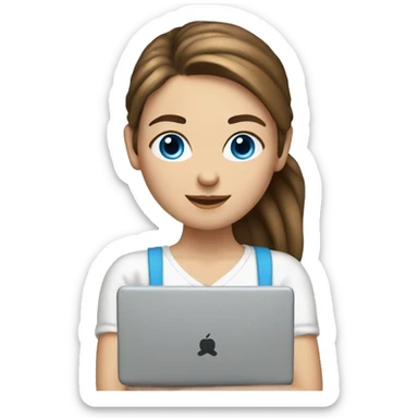 caucasian white IT girl student, holding laptop, blue eyes, brown hair ponytail sticker