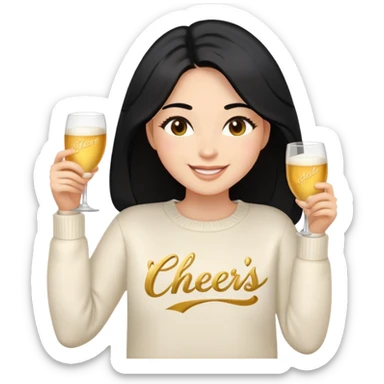 A woman with longer black hair, light to medium skin tone, full cheeks, and almond-shaped eyes, wearing a simple white sweater with the word 'cheers' in gold script, joyful and radiant expression, cheerful, emoji style, just her torso, no hands, no cups, no drinks. sticker