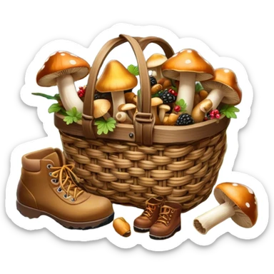 Icon for Mushroom and Berry Tourism: a basket filled with mushrooms chanterelles, boletus and aspen and berries, surrounded by forest elements like trees, leaves and a hiking boots. The icon should capture the joy of foraging in nature. Transparent background. sticker