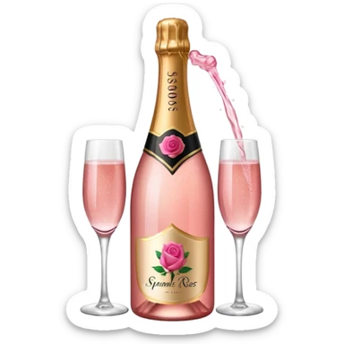 bottle of sparkling rose champagne tilted up and to the right, with a rose logo sticker