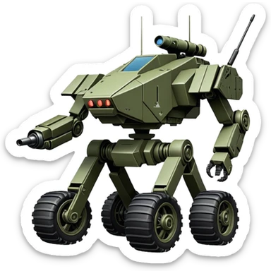 a roomy 4-wheel armored personnel stealth camouflage army massive mech trail vehicle shooting forward side-hill leaning actively articulating independent suspended pod gimbal enemy mech off-road racing rover with large fast engine RC basher megatron  sticker