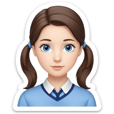 Realistic Student Portrait, with porcelain-like skin featuring a natural rosy flush, illuminated by soft lighting that highlights the gentle contours of her face. Her Brunette pony tail hair flows in soft, Her deep blue eyes radiate warmth and innocence,  wear light blue preppy style. sticker