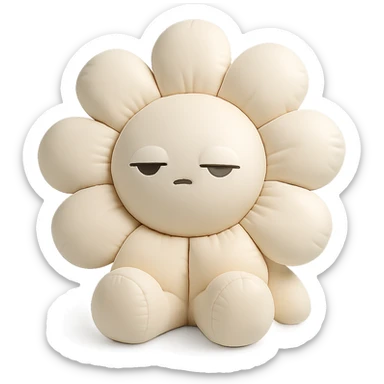 creamy white daisy flower with sleepy half-lidded eyes, sitting down with a blank stare, extremely soft round pastel character, cushion style sticker
