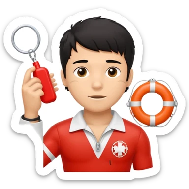 Tan Muscular lifeguard teen boy with rescue buoy and whistle messy black hair saving life sticker