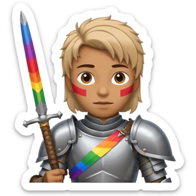 In armor and sword with dumb look on face Slack social justice warrior with pride flag sticker