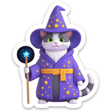 wizard cat with a starry robe and hat sticker