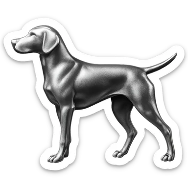               Apply a high-end, photorealistic metallic chrome material to the provided {subject}. The material should have a smooth, slightly curved surface with subtle reflections and soft shadows, resembling brushed or polished silver metal. Preserve the exact shape, proportions, and design of the original object. Set it against a solid black background (#000000) in 8K resolution. The lighting should enhance the beveled edges and reflective highlights, creating a sleek, premium finish. {subject} = dog pointing left sticker