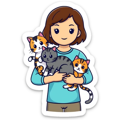tan brown hair girl holding two black and grey striped cats sticker