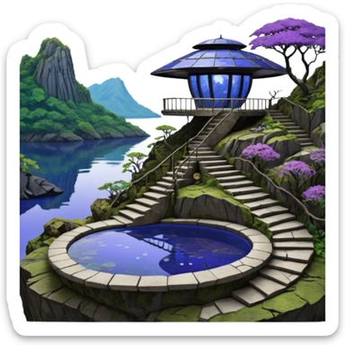 Crashed Alien saucer pool-house jungle winding staircase lakeside mountainside-island getaway haunted nighttime landscape antique mudman very old broken cracked intricate Stone Age lapis-crusted irregular dodecagon-shaped shallow dark moss rough bark violet flowered maple tree bonsai sticker
