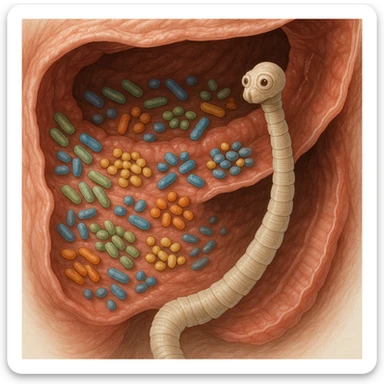 a medical illustration of a human realistic gut with bacteria and parasyte (tenia) realistic  sticker