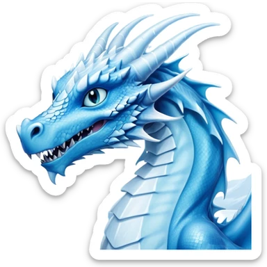 Cinematic Noble very elegant slender Ice Dragon Portrait Emoji, Poised and imposing, distinct long elegant snout, with a slender, scaled body shimmering in glacial hues of icy blue, frostbitten silver, and crystalline white, breathing out frost, with piercing, glowing ice blue white eyes that radiate the chilling depths of an arctic storm; rendered in detail. excuding wisdom sticker