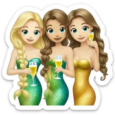 Three beautiful mermaids (two brown hair and blond one) drinking prosecco sticker