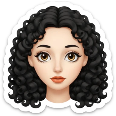 persona mujer con piel clara y rizos suaves color negro y largos  y sin volumen y con delineador en los ojos y con los labios medianos, ojos almendrados y nariz respringada y el fondo blanco sticker