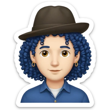 dark blue haired man curly hair and big earrings and and hat wearing sticker