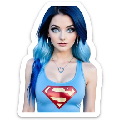 Full body with long legs-very very large chest clevage-beautiful face-black leggings-very long very straight dark blue to light blue ombre hair-and-blue eyes-a lot of black eyeliner-thick long eyelashes-sky blue low cut tanktop with glitter superman logo-silver hoop earrings sticker
