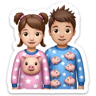 A toddler girl with brown hair with two pig tails, wearing pink pajamas with white stars on them. With a 4 year old boy with spikey brown hair, wearing blue pajamas with white stars on them. Both light skin and smiling. Both with a mix of big and small white stars on the pajamas  sticker