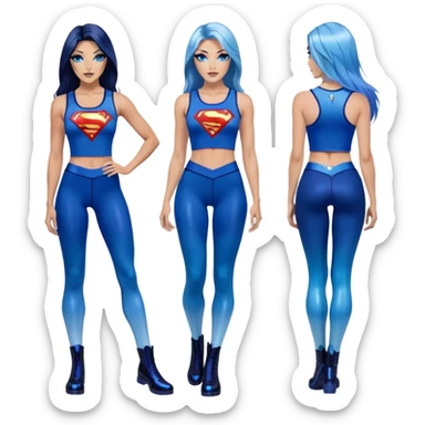 White woman-long legs-very very very large upper body-sexy face-puma boots-very long very straight dark blue to light blue ombre hair-and-blue eyes-thick black eyeliner-thick long eyelashes-iridescent blue lowcut tanktop with black leggings with glitter superman logo sticker